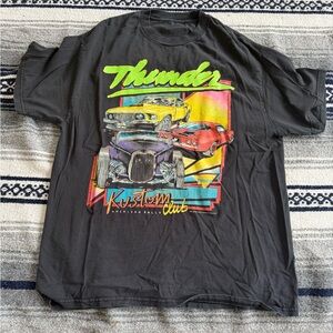 Thunder Kustom Club Vintage Car Graphic Tee - Black with Neon Print Size Large